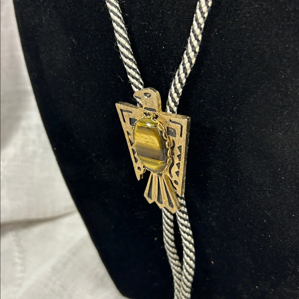 Vintage Bolo tie western, with ornate medallion Eagle with tiger eye large stone